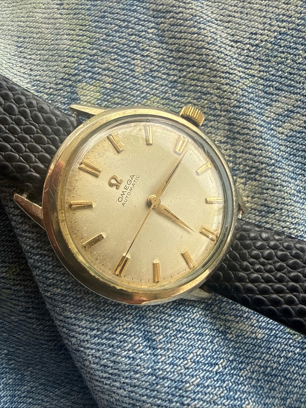 Omega Gold-Tone Case with Black Leather Strap Dress Watch